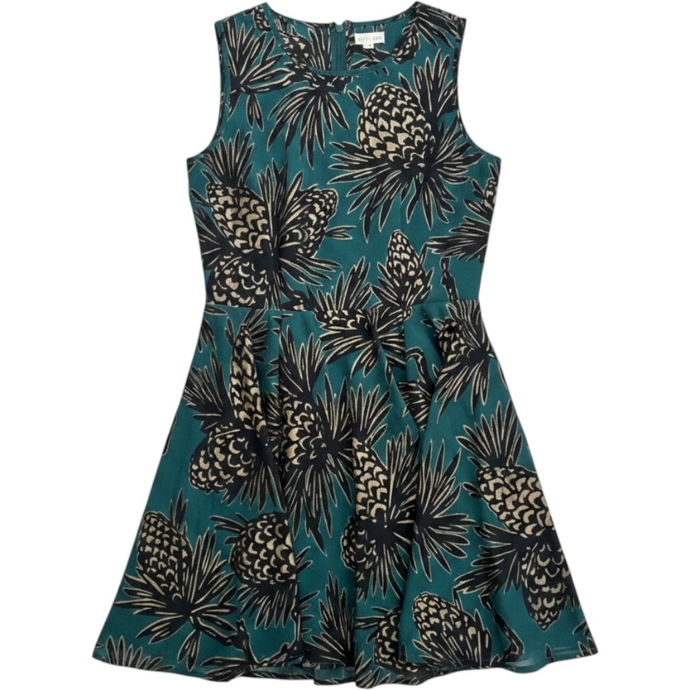 Maison Jules Teal Gold Metallic Pineapple Print Fit & Flare Dress Medium